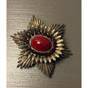 Vintage Benedikt NY Sunburst Brooch with Red Cabochon Stone